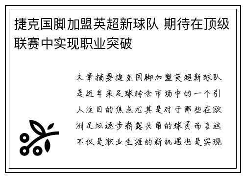 捷克国脚加盟英超新球队 期待在顶级联赛中实现职业突破
